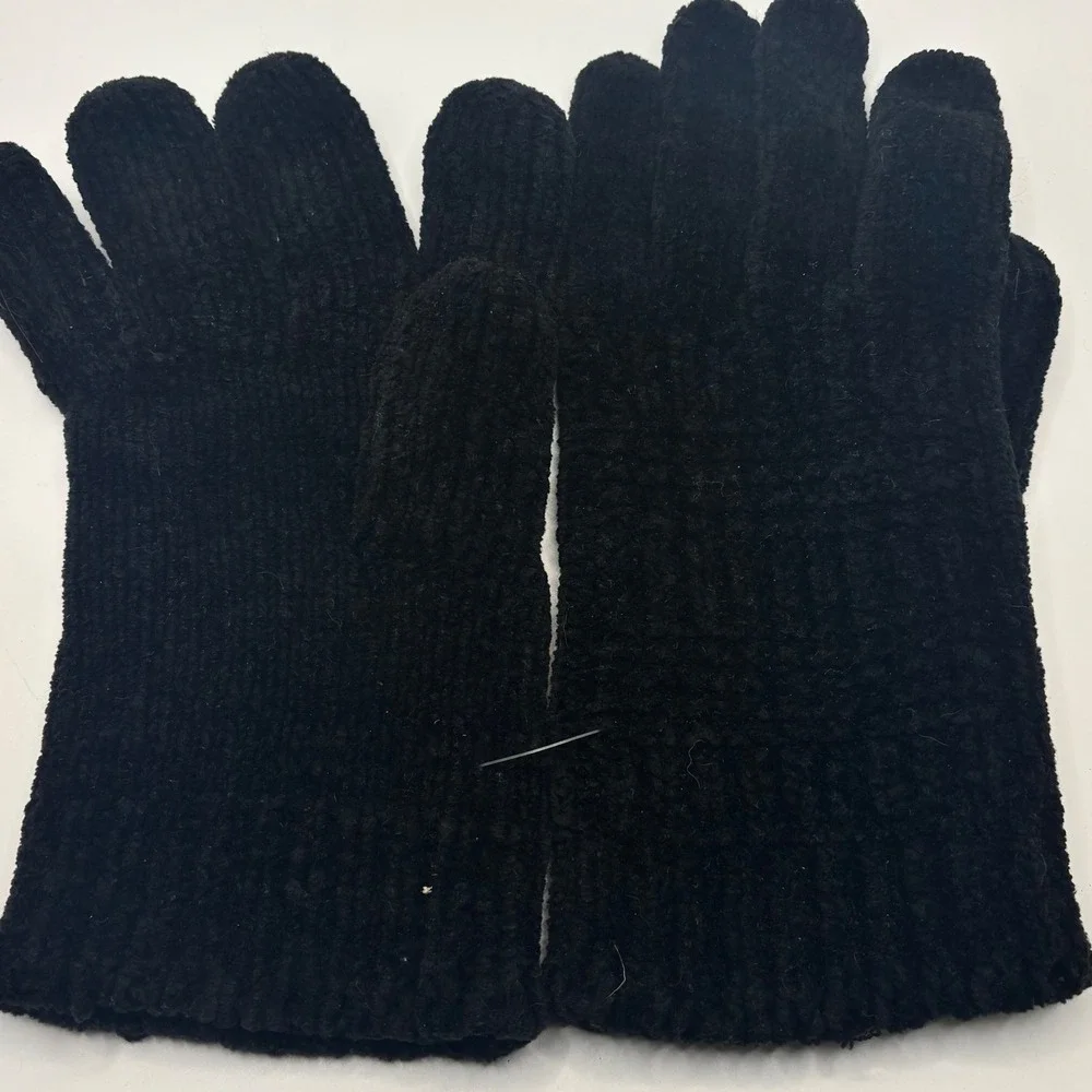 Vintage Black Chenille Knit Gloves Soft Warm Winter Plush‎ Ribbed One Size